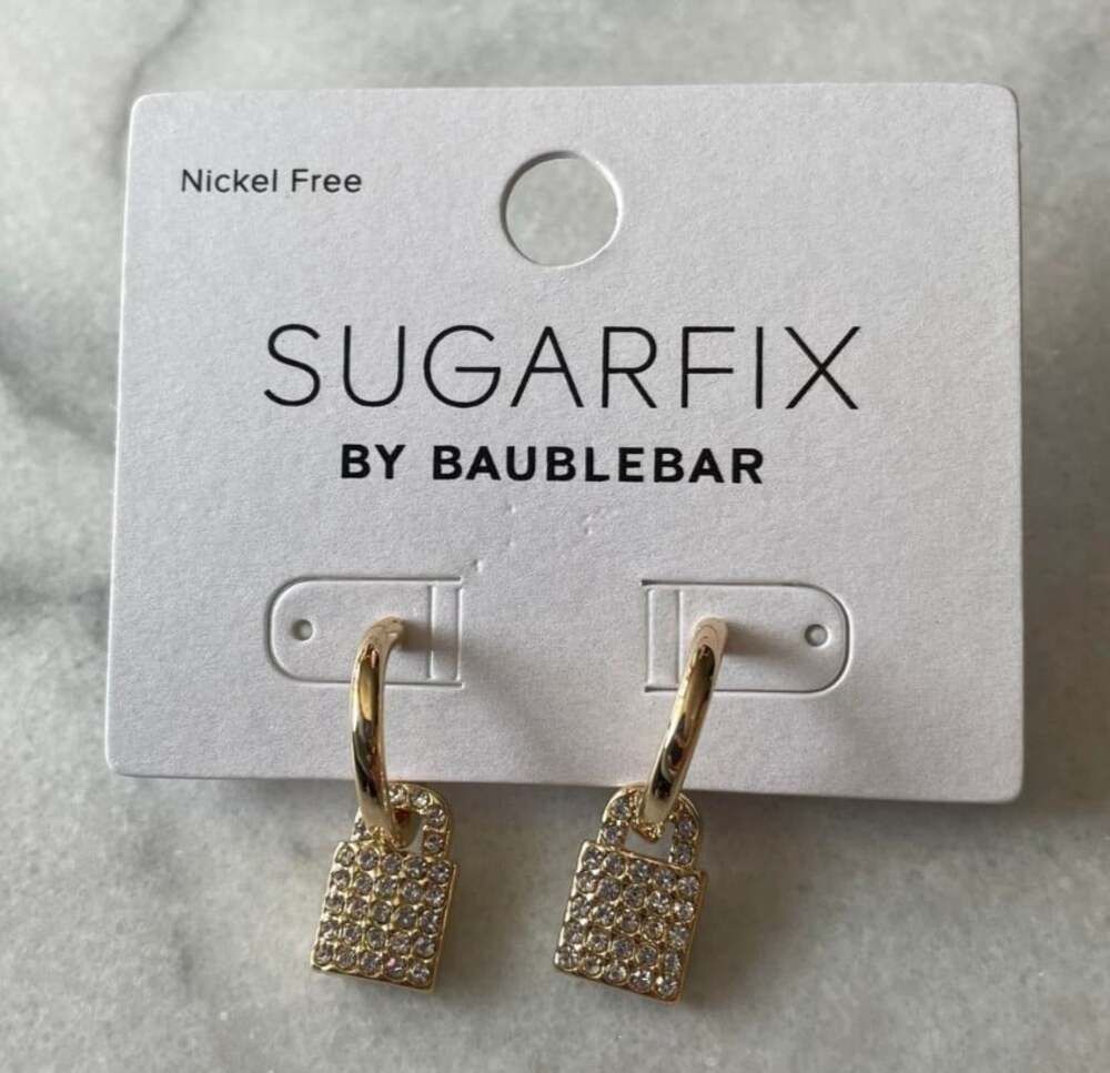 Sugarfix BaubleBar Crystal Lock Dangle Earrings Gold Tone Lightweight Huggie